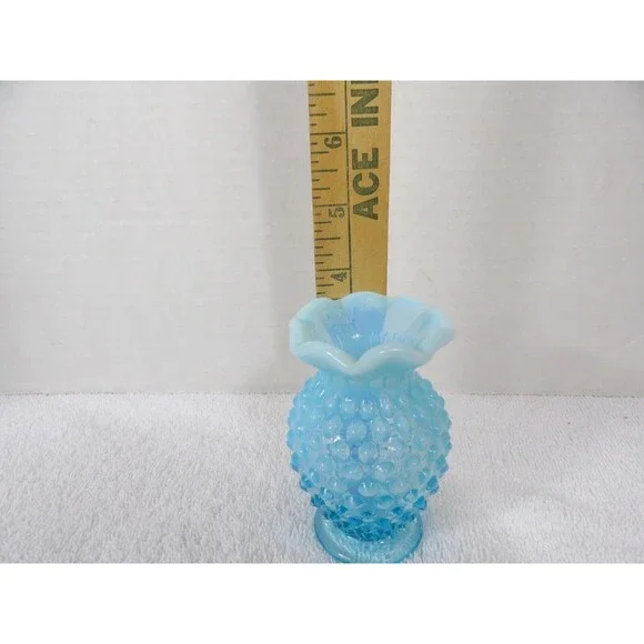Fenton Vase Hobnail Aqua Blue Opalescent Glass Bud Small 3.5” Ruffle Edge Set 2 - Picture 6 of 16